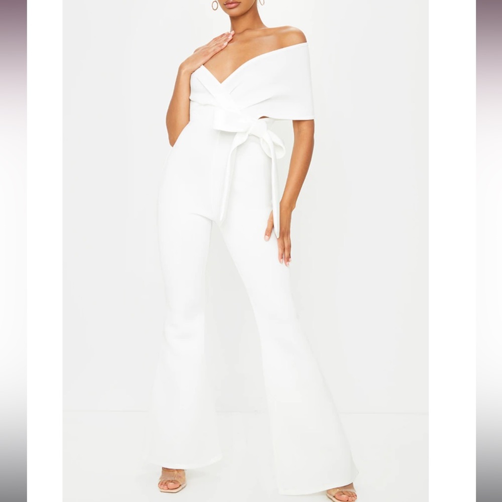White Bardot Flared Leg Bonded Scuba Jumpsuit